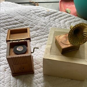 Miniature Wooden Gramophone with Gold Horn and vintage record player